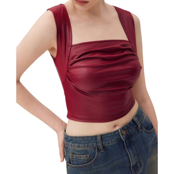 Cider Womens Wine Red Satin Cropped Top Size Small | Square Neck Ruched Tank NWT - Picture 9 of 12